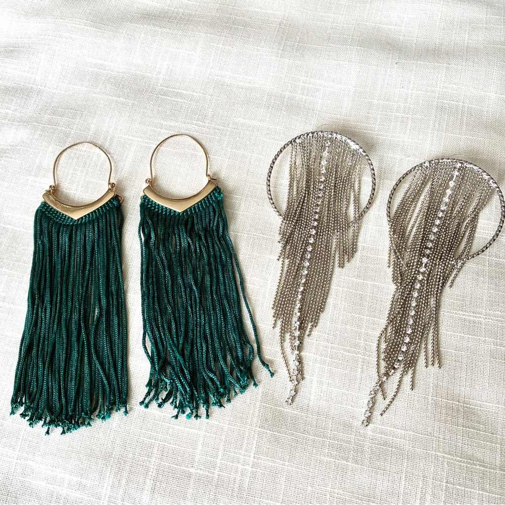 2 Pair 5” long Fringe & chain, rhinestone Earrings